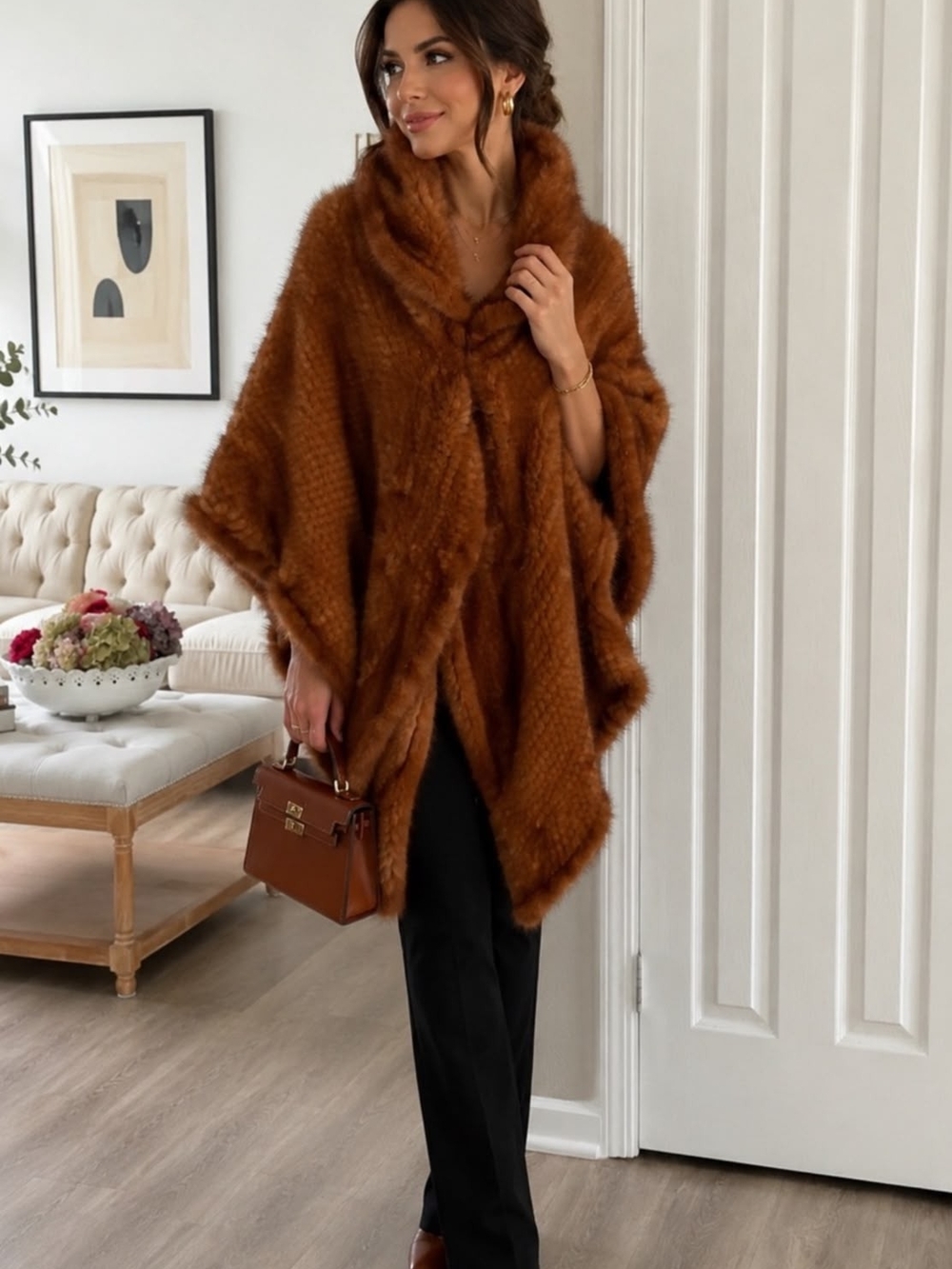 Lily & Taylor NEW YORK PARIS Luxury Faux Fur Poncho Coat in Chestnut Brown